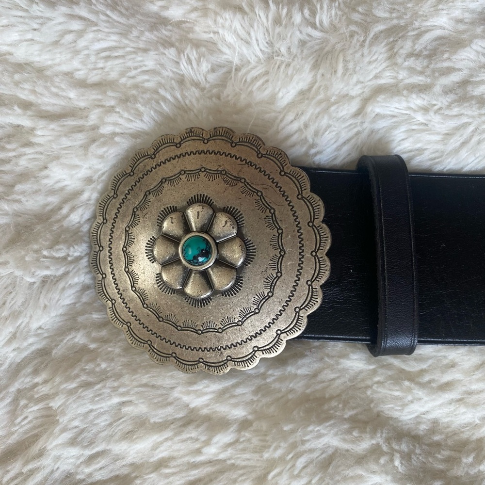 Vintage Lauren Ralph Lauren Black Leather Belt With Turquoise Concho Buckle